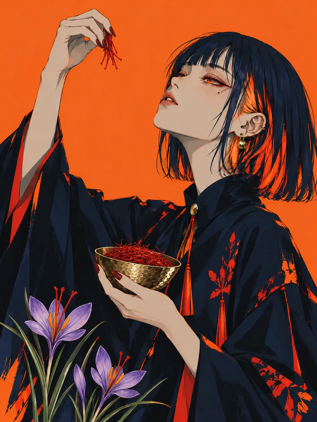赤い雌しべを掲げるサフランのイラスト